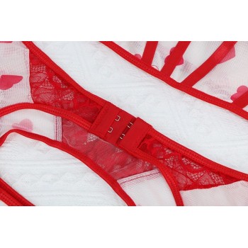 Lingerie For Women Heart Print Erotic Ruffles Garter Fancy Underwear Sexy G-String Thongs Red Lace 4-Pieces